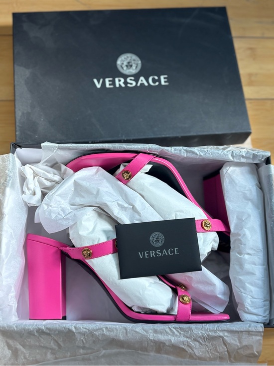 Versace Shoes - Versace Hot Pink Medusa Strap Block Heel Sandals